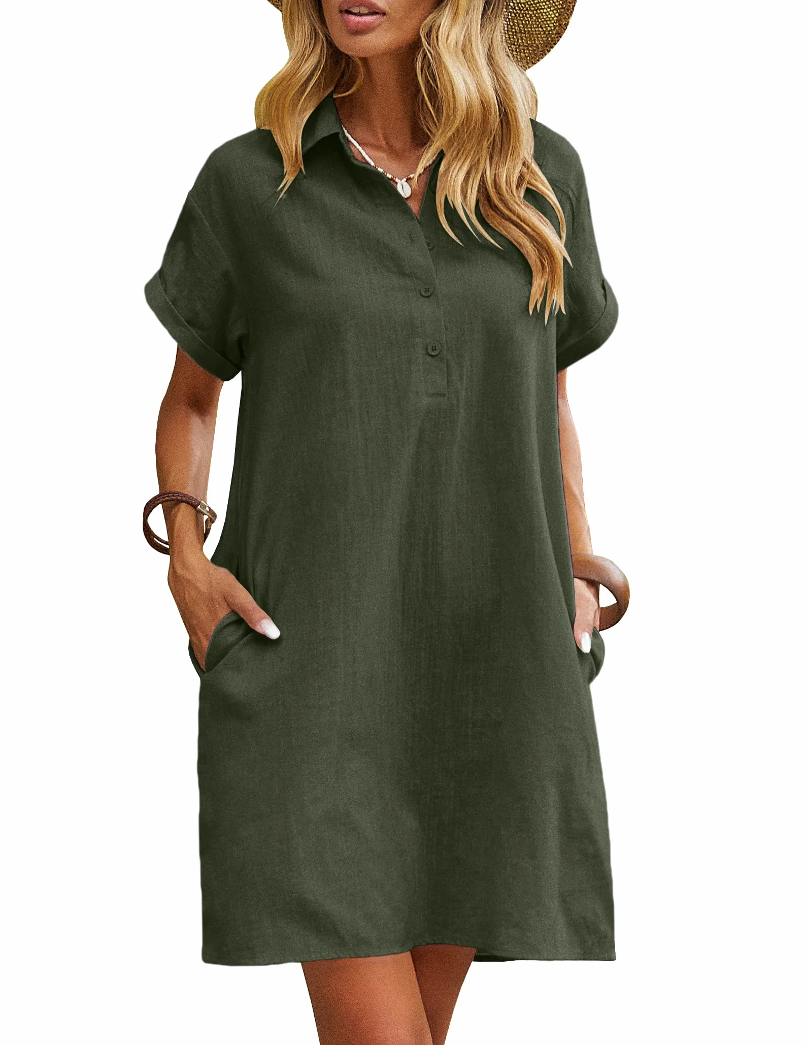 Zeagoo Abito estivo da donna al 100% in cotone e lino, casual, lunghezza fino al ginocchio, a maniche corte, con tasche, da spiaggia