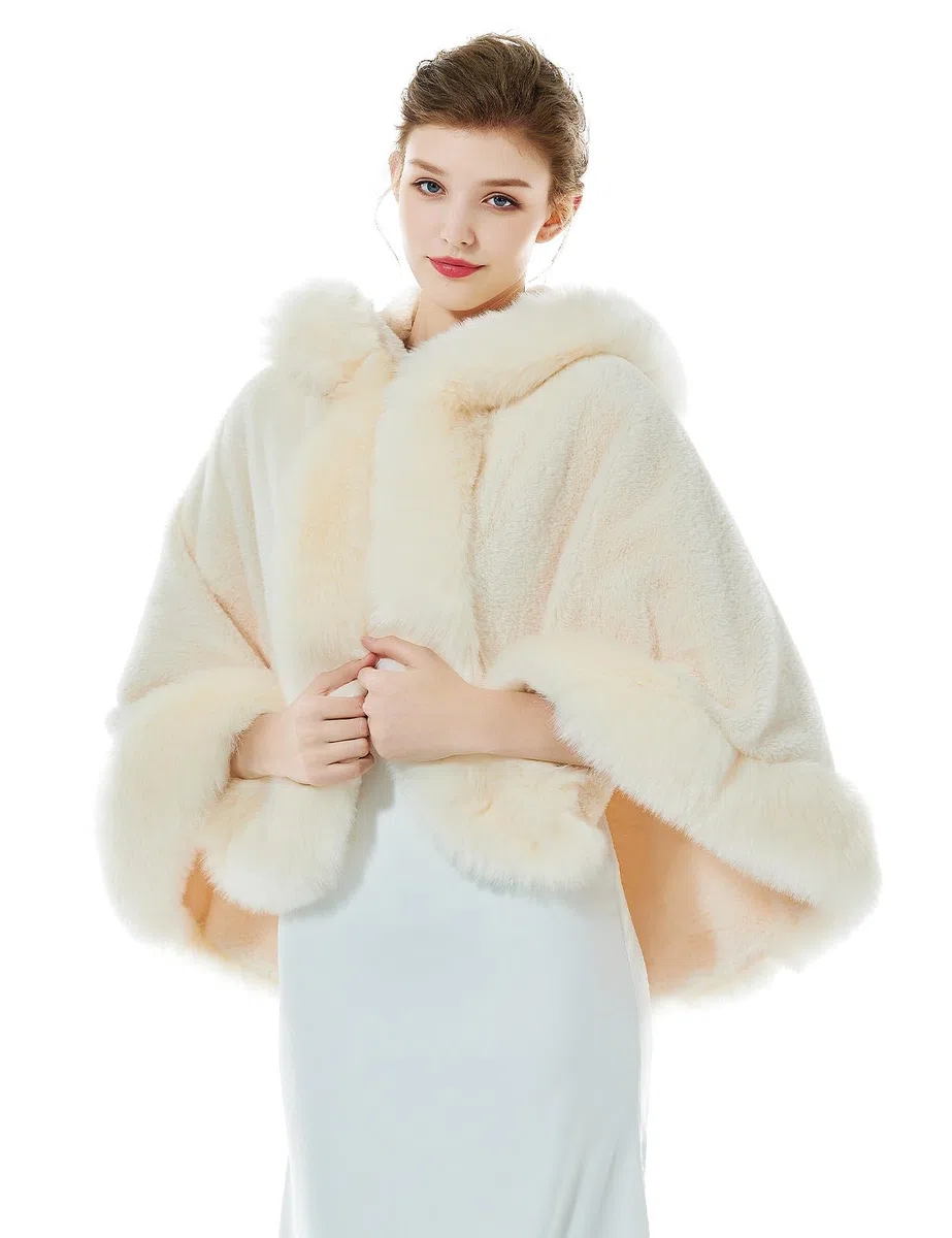 BEAUTELICATE Donna Mantello Corto con Cappuccio in Pelliccia Sintetica Stola in Pelliccia Caldo Cappotto per Matrimonio Invernale Sposa