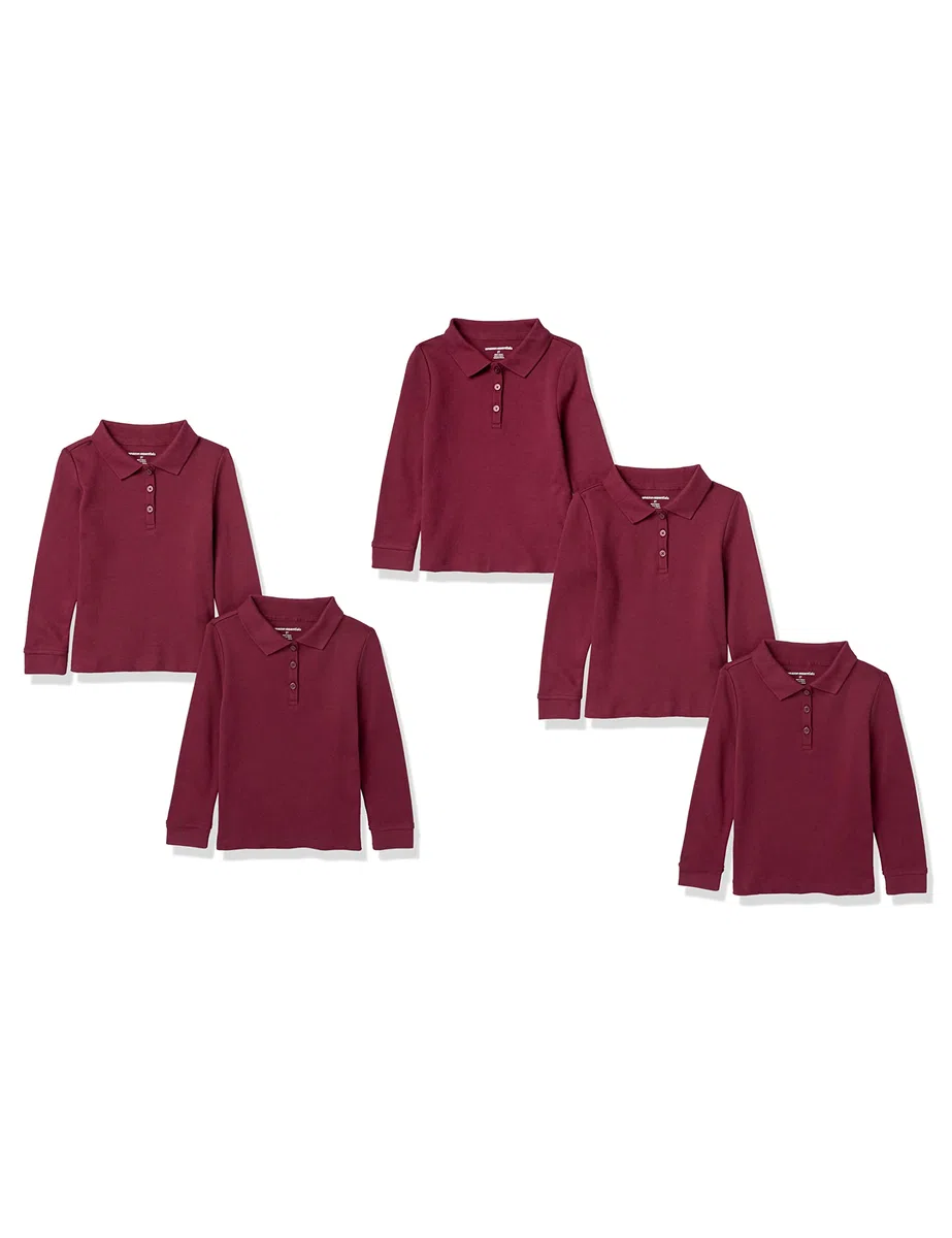 Amazon Essentials Polo in Tessuto Interlock a Maniche Lunghe Bambine e Ragazze, Pacco da 5, Bordeaux, 4 Anni