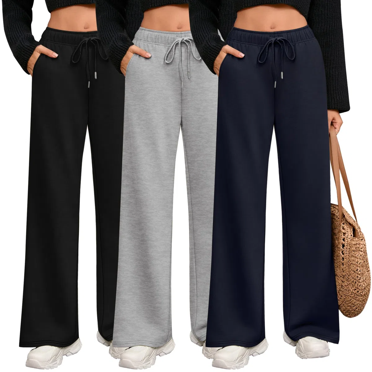 Riyiper Confezione da 3 Pantaloni da Tuta a Gamba Larga da Donna con Coulisse Dritti Vita Elastica Jogging e Tasche