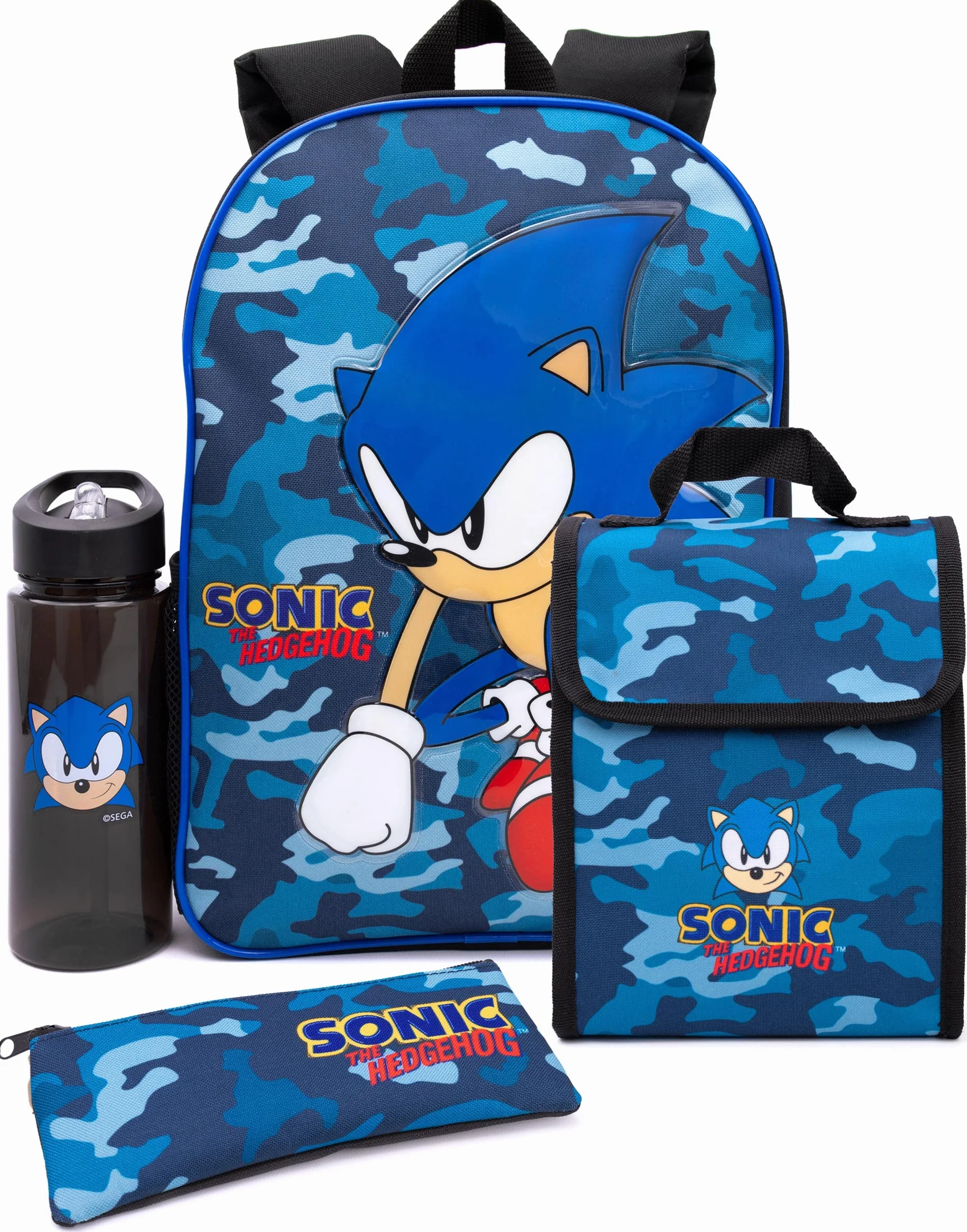 Sonic The Hedgehog Zaino per ragazzi | Zaino per bambini blu navy mimetico zaino per la scuola astuccio per matite e bottiglia d'acqua | Merce