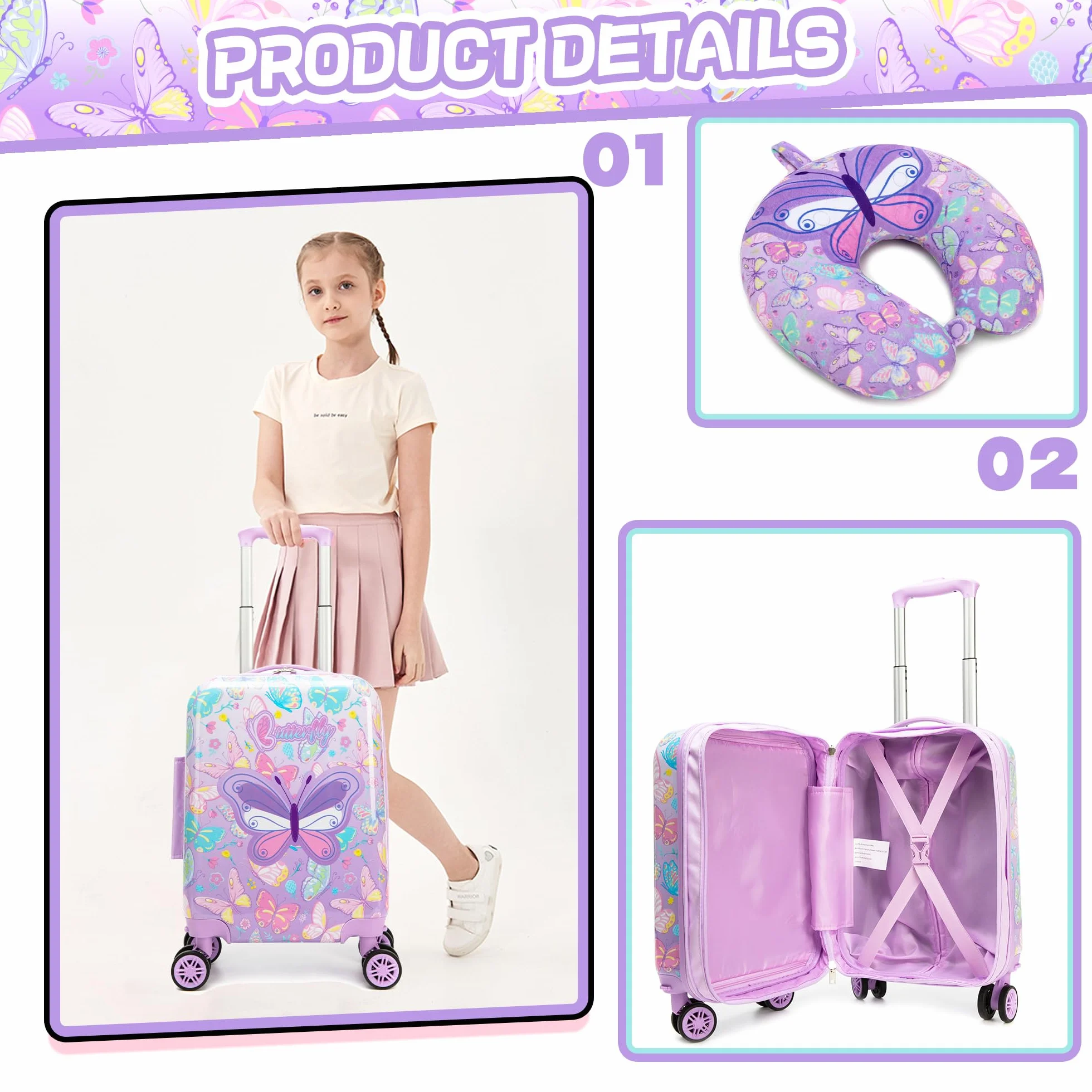 HTgroce 2 in 1 Set di Valigie per Bambini, Valigie Trolly 16'' Cuscini da Viaggio, Valigia Trolley con Ruote Girevoli