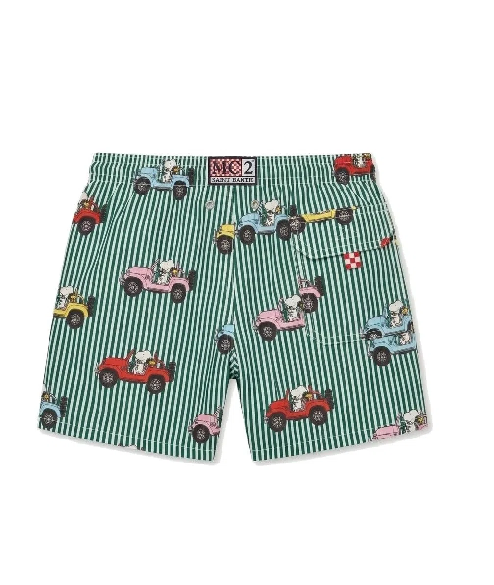 Saint Barth MC2 Costume Boxer Jean Righe Verdi e Bianche Stampa SUV Colorati