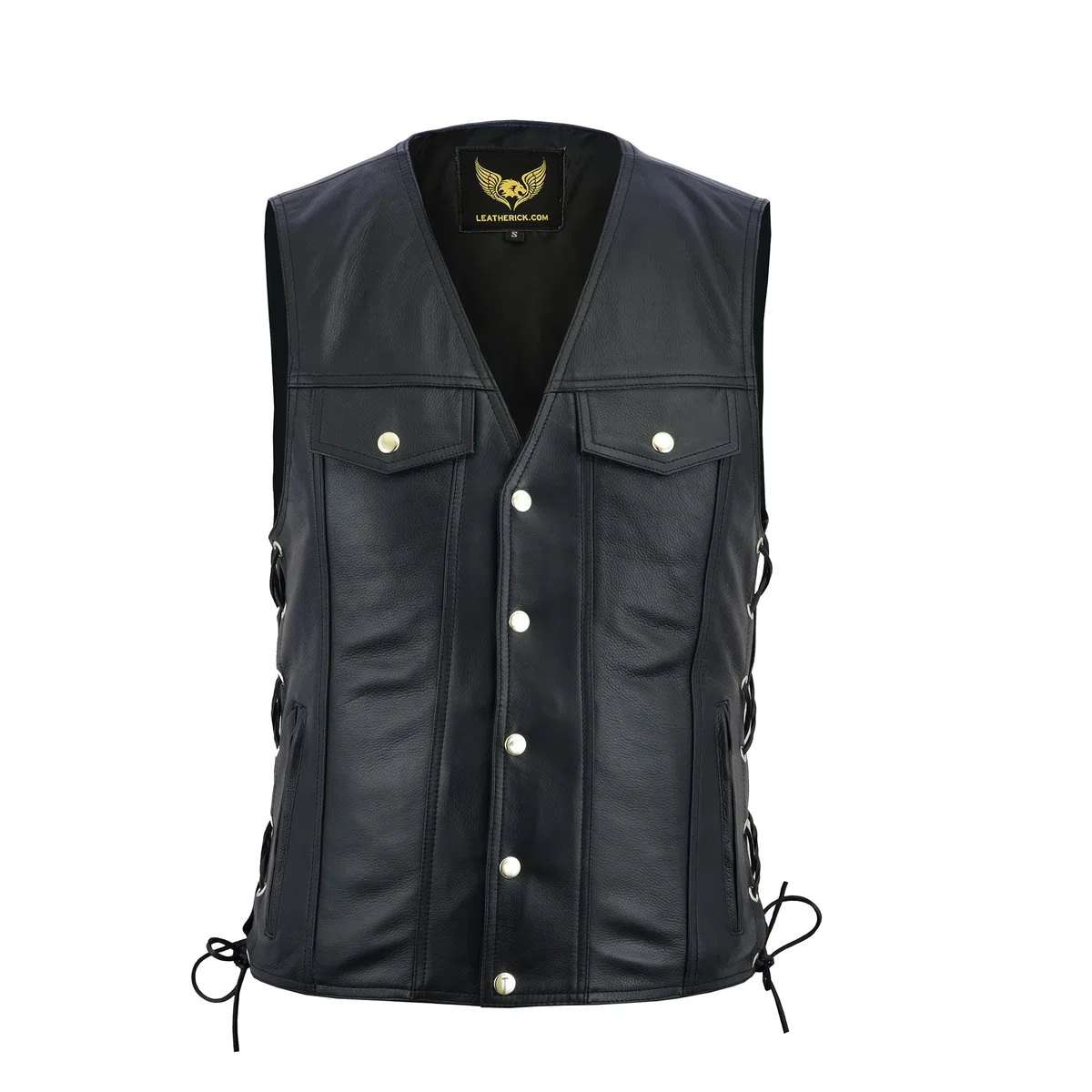 Leatherick Gilet da motociclista unisex, in vera pelle, con lacci laterali e bottoni cromati, stile denim