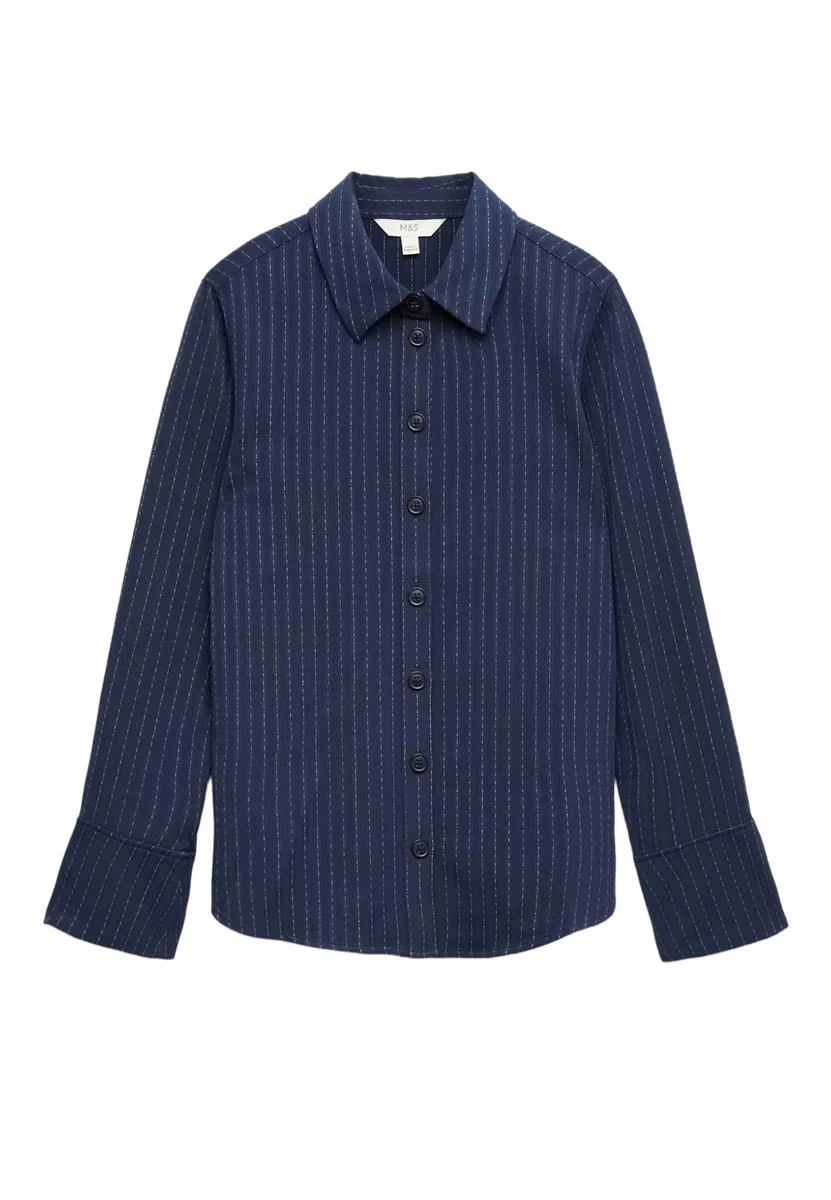 Marks & Spencer Donna Aderente Gessato Colletto Camicia – con Stretch – con Bottoni – Wide Polsini