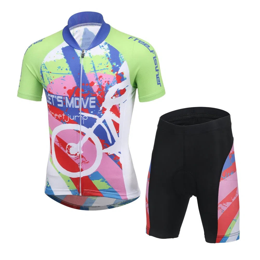 Set di maglia da ciclismo per bambini, traspirante, a maniche corte, con imbottitura, materiale ad asciugatura rapida, per ragazzi e ragazze