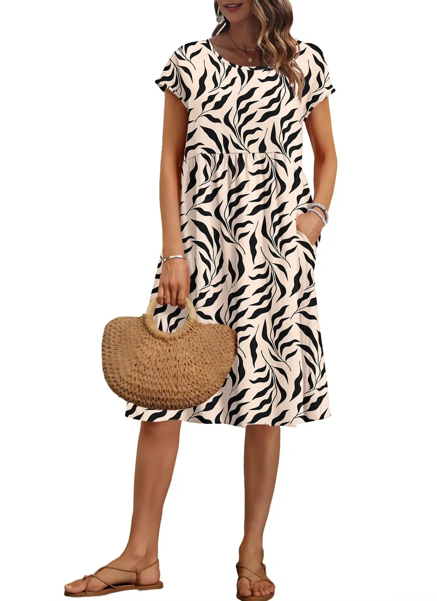 AUSELILY Vestito Estivo da Donna a Maniche Corte Abiti Casual Larghi Abito al Ginocchio con Scollo a Girocollo e Tasche