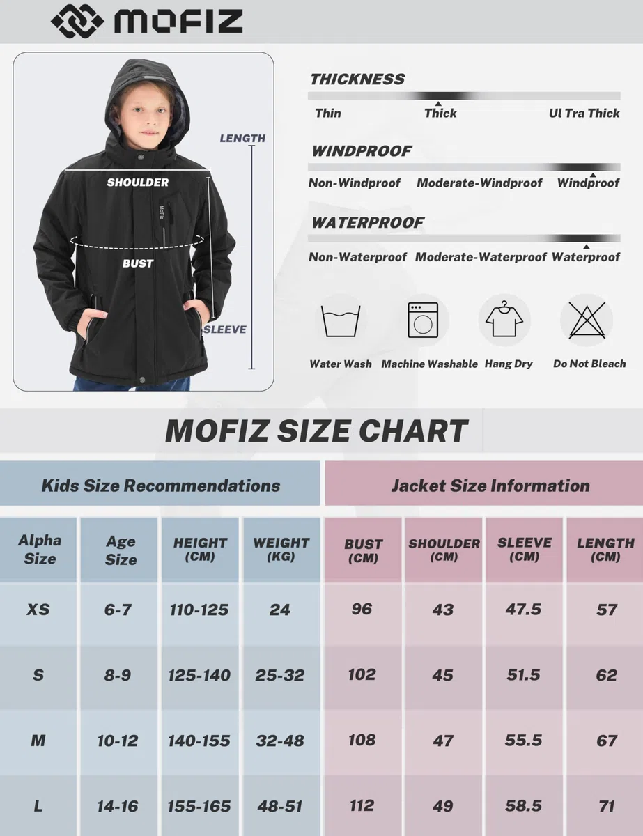 MoFiz Giacca da Sci Bambini Invernale Cappotto in Pile Caldo da Neve Impermeabile Antivento Giacche Ragazzi con Cappuccio Rimovibile