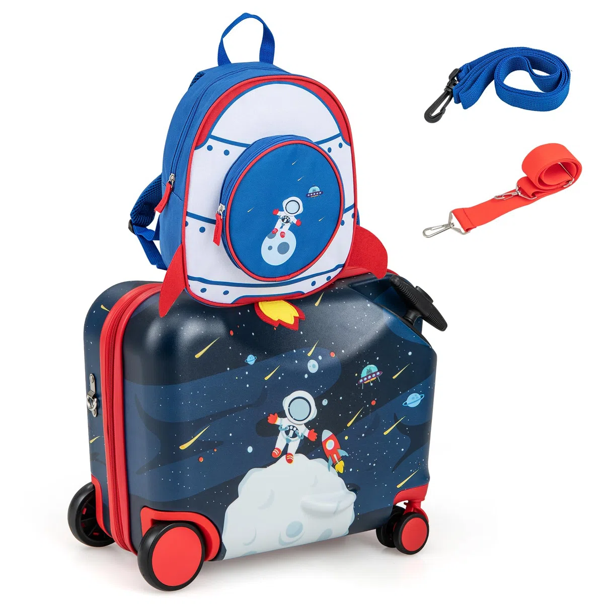 COSTWAY Valigia Cavalcabile per Bambini, 18" Valigia+ 12" Zaino,2 Pezzi, Trolley Bambini Bagaglio a Mano con Ruote Girevoli e Maniglia Retrattile, 2 Cingie Multiuso (Modello 4)