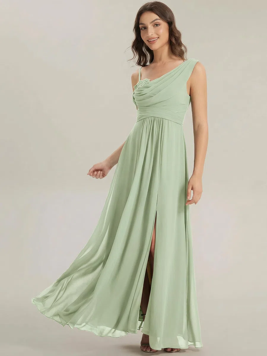 Ever-Pretty Abiti da Damigella Collo Asimmetrico Maniche Corte Chiffon Maxi Gonna Svasata ES02663