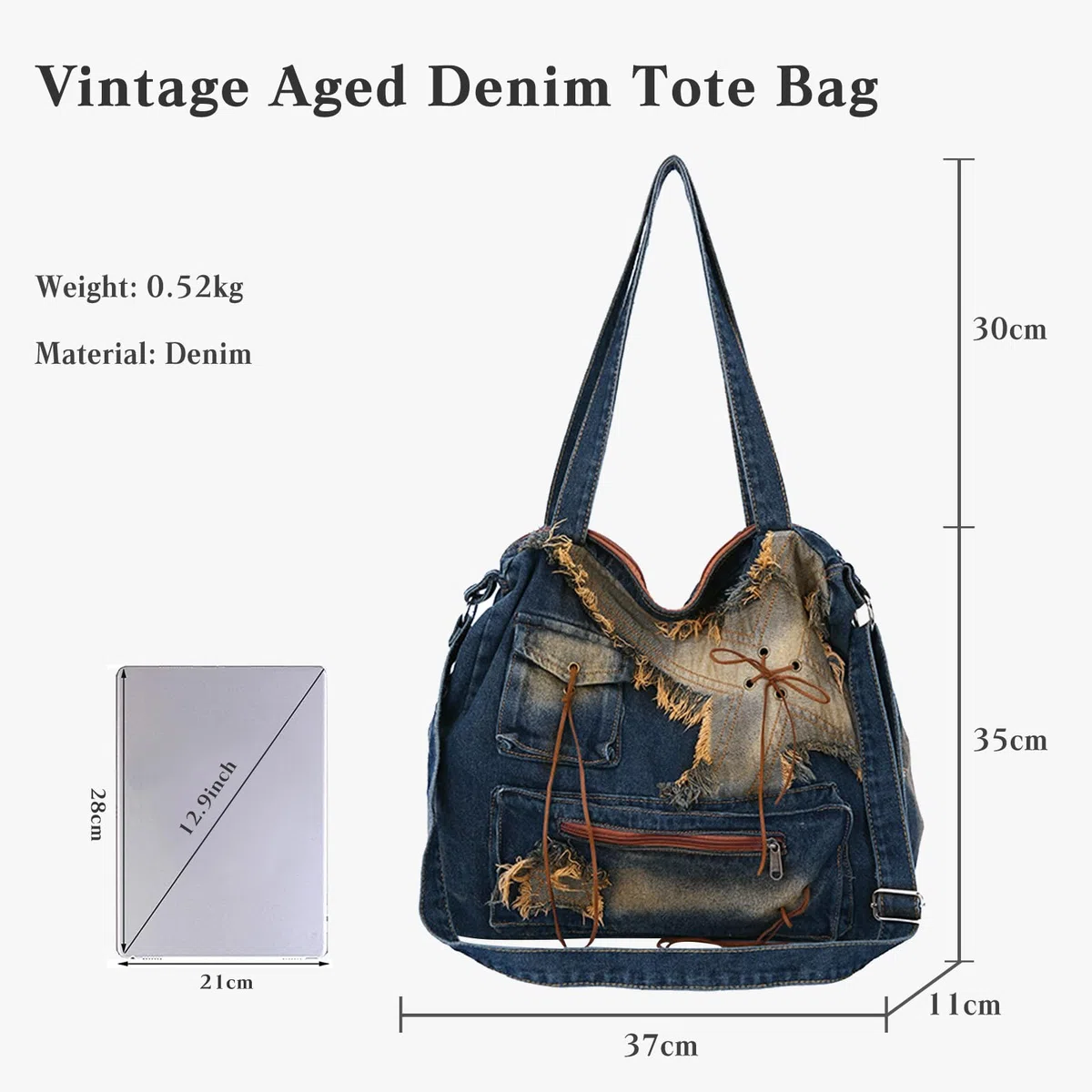 CORIOS Borsa a Tracolla Donna in Denim Grande Capacità a Mano e Spalla in Jeans Casuale Tote Leggero Messenger Retro per la Spesa Blu