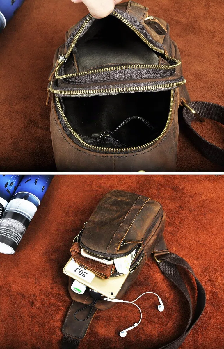 Le'aokuu Men's Genuine Leather Hip Bag Borsa di pancia Borsa a tracolla Borsa di tracolla Borsa di petto per moto Jogging 010 (010 Marrone scuro)