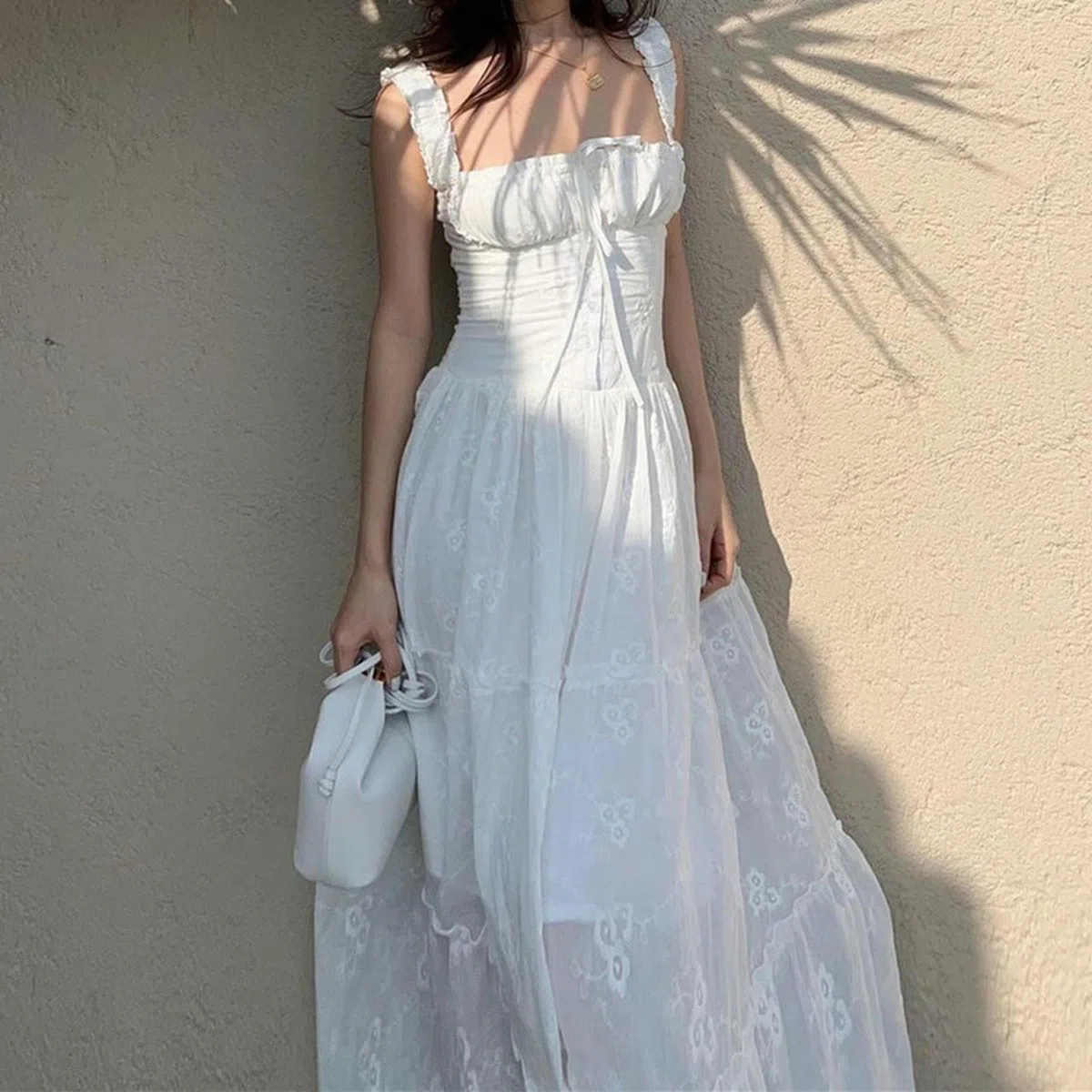 Abito Bianco Slim con Gonna Lunga Dolce Estiva da Donna con Ricamo in Vita - Bianco - M