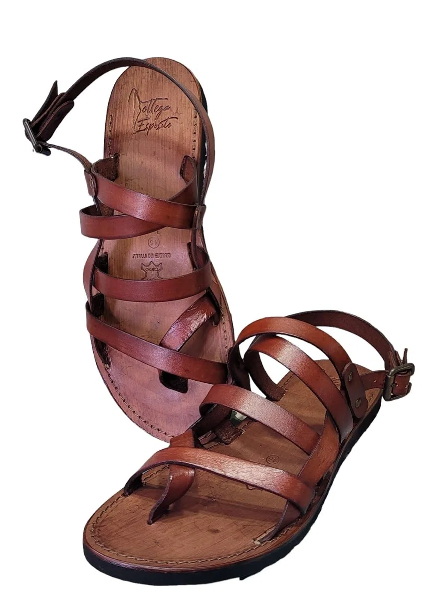Sandali artigianali da Uomo fatti a mano con materiali di qualità: vera pelle e vero cuoio 100% Made in Italy Handmade Sandals for Man (45, Marrone)