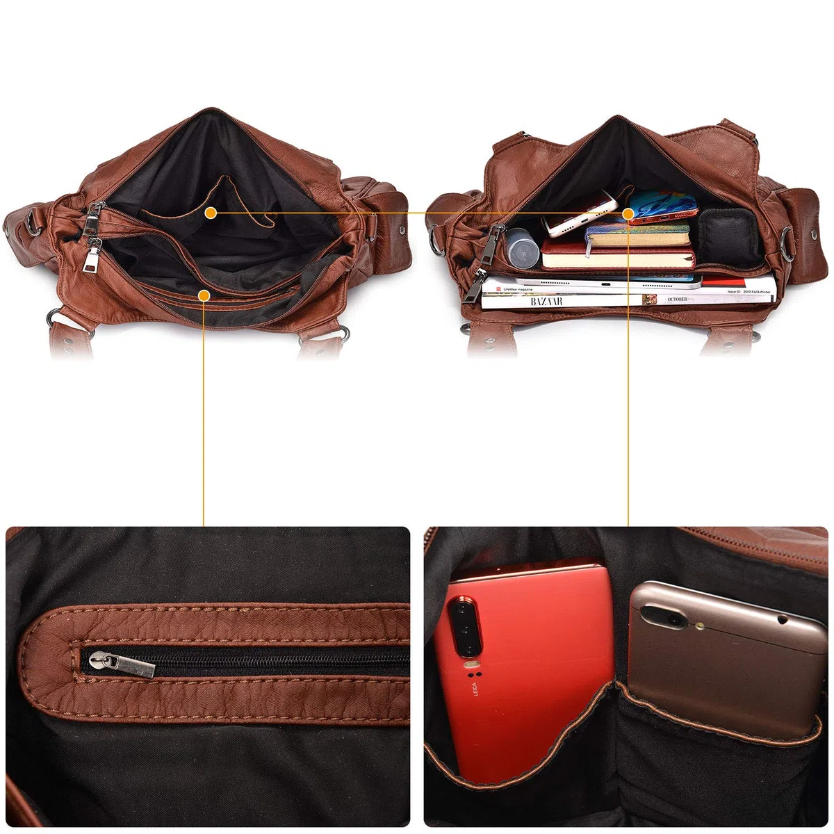 BAIGIO Borsa da donna in morbida pelle lavata Hobo borsa a tracolla a tracolla con manico superiore borsa da donna con tracolla staccabile