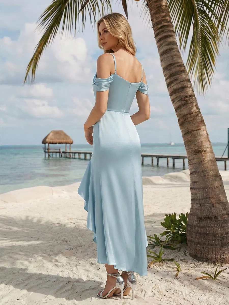Ever-Pretty Abiti da Damigella Collo Fluido Maniche Corte Satin High Low Gonna a Sirena ES02702