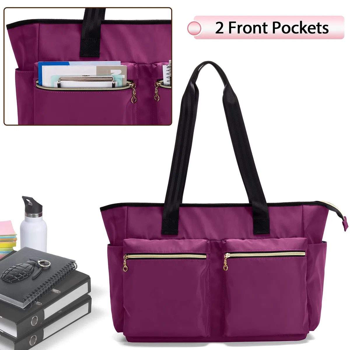 Damero Borsa dell'insegnante, grandi Borse Tote per insegnante, scuola, ufficio, affari con cerniera superiore e tasca imbottita per laptop,Viola
