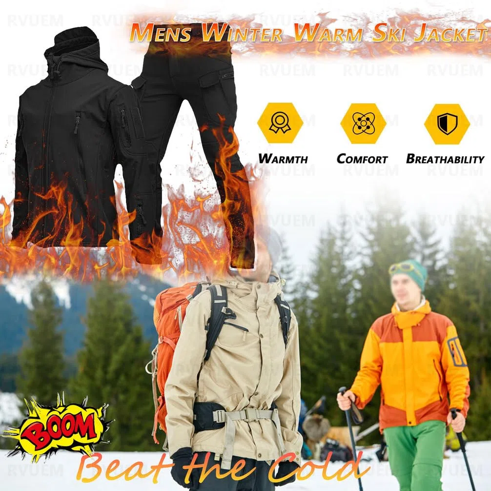 Tuta da Combattimento Abbigliamento Militare Giacca Softshell da Uomo Tuta da Sci per Esterni 2 Pezzi Tute Snowboard Set Giacca Sci Invernale Impermeabile + Pantaloni Neve