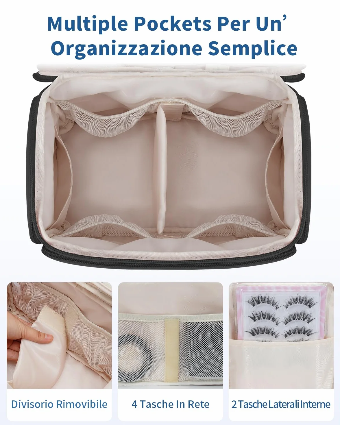 WANDF Beauty Case da Viaggio Donna, Grande Trousse Trucco a Larga Apertura con Maniglia, Organizer per Toiletries, Cosmetici, Accessori ed Essenziali da Viaggio, Nero