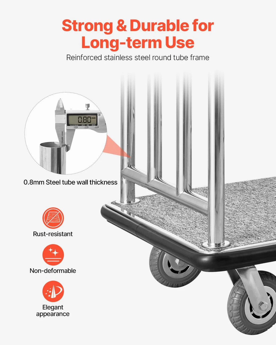 VEVOR Carrello Portavaligie per Hotel, Carico 340 kg Carrello Trasporto Portavaligie con Telaio Anteriore Rimovibile, Ponte in Moquette Grigia e Ruote in Gomma 152,4 mm per Hotel, Condomini, Resort