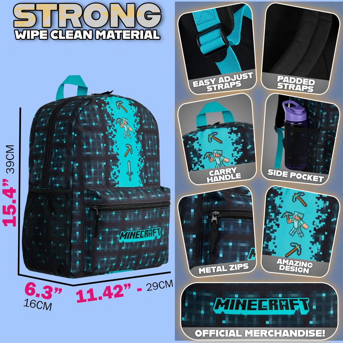 Minecraft Zainetti per Bambini con Tasca Frontale per Sport, Palestra, Viaggi - Regalo Bambino (Blu)