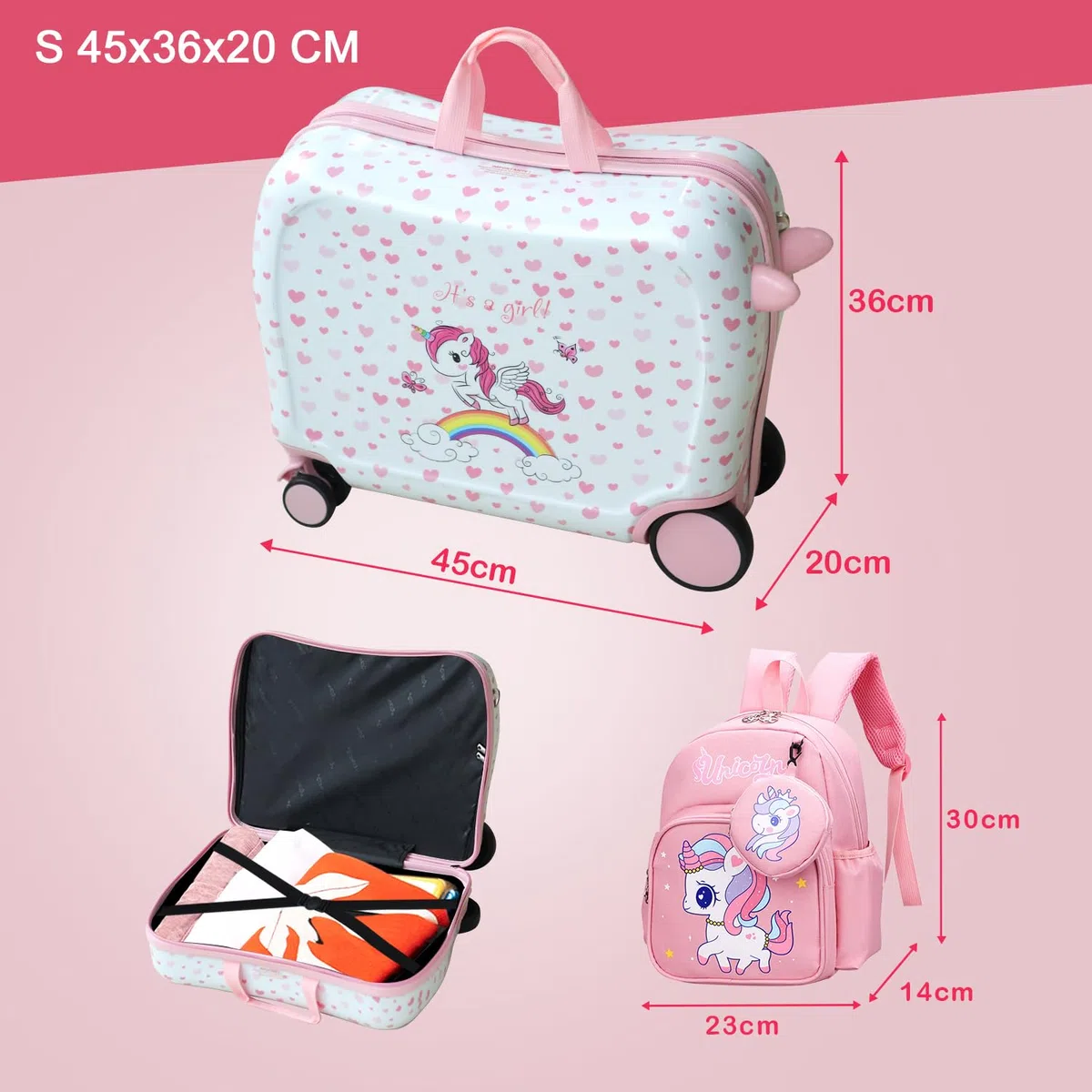 R.Leone Valigia Cavalcabile per Bambina EasyJet 45x36x20 cm + 30x23x14 cm Set 2 Pezzi Trolley Bagaglio a mano 4 Ruote e Zaino 3252 (Unicorno, Valigia 45x36x20cm+Zaino con corno)