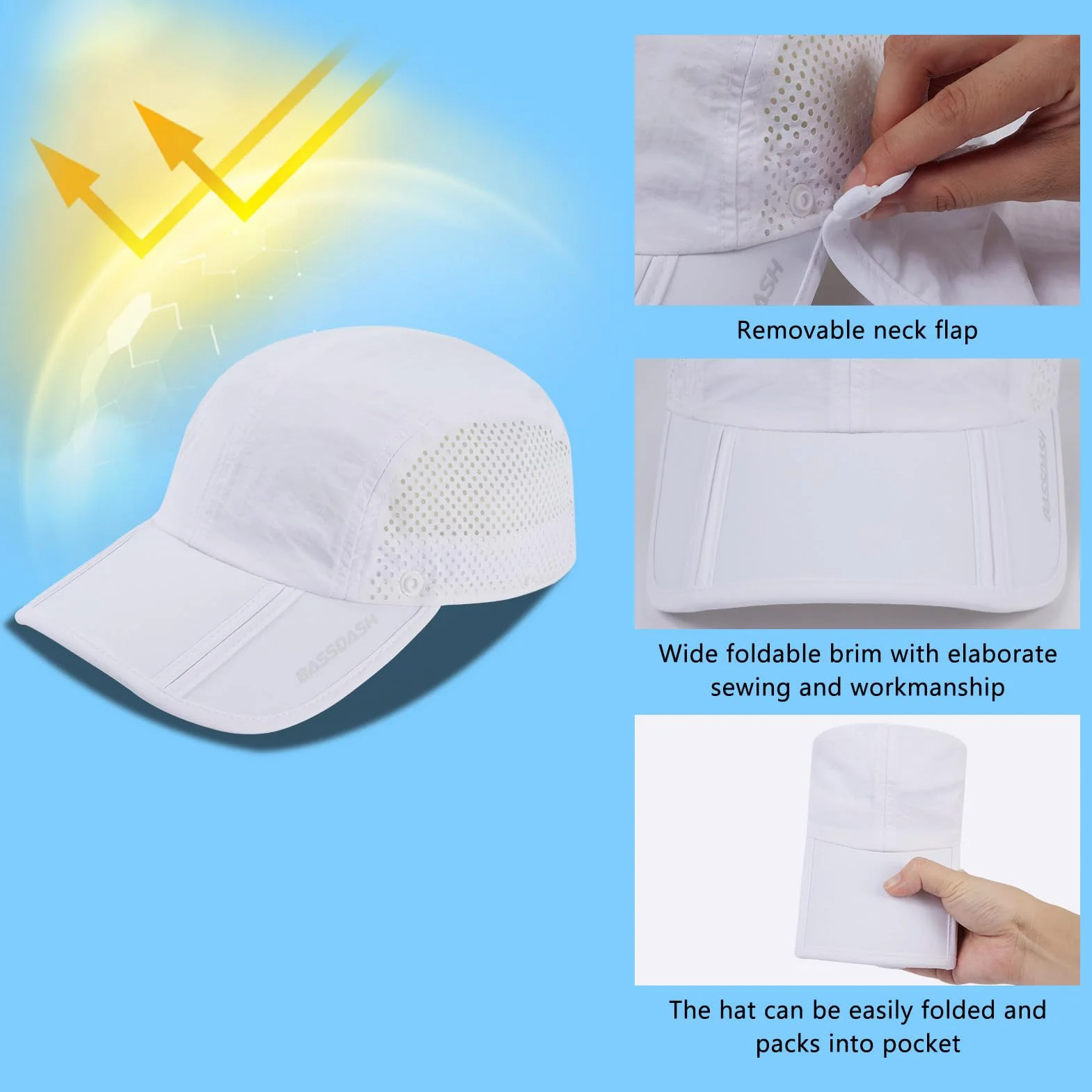 Bassdash UPF 50 + Cappello da Pesca Pieghevole Cappello da Baseball cap con Collo Rimovibile Flap Portatile per Uomini Donne Golf Escursionismo