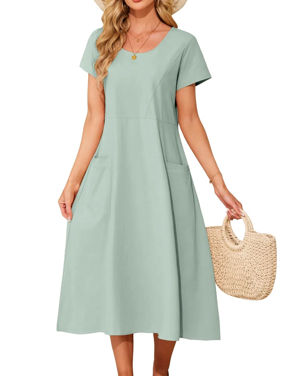Vestito Donna Estivo Vestiti Lungo Cotone Abito Manica Corta Scollo Rotondo Elegante Vestito da Mare Spiaggia Boho Casual Abiti Lunghi con Tasche