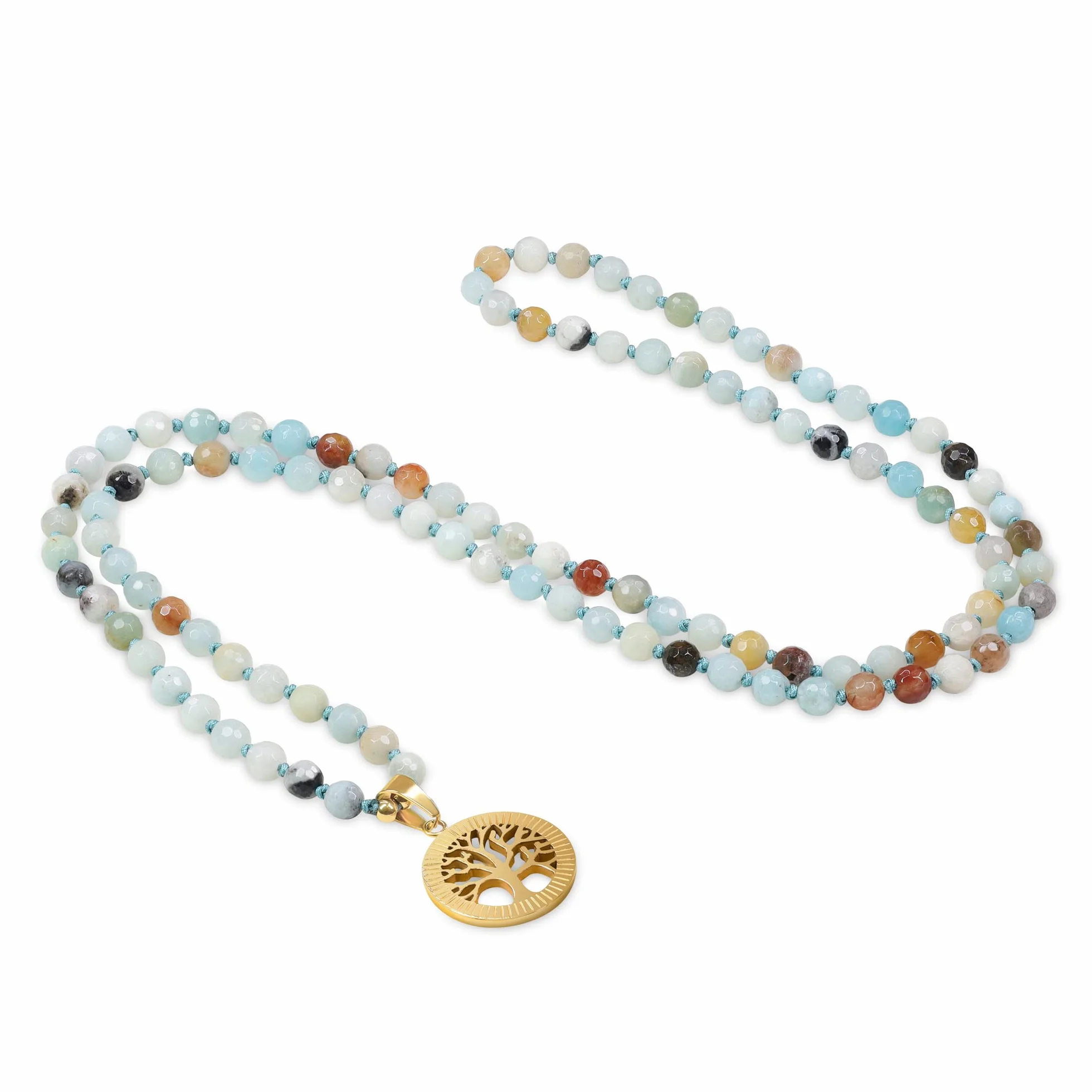 COAI Collana Mala Buddista 108 Perle di Pietre Naturali Annodate a Mano con Ciondolo in Acciaio Inox