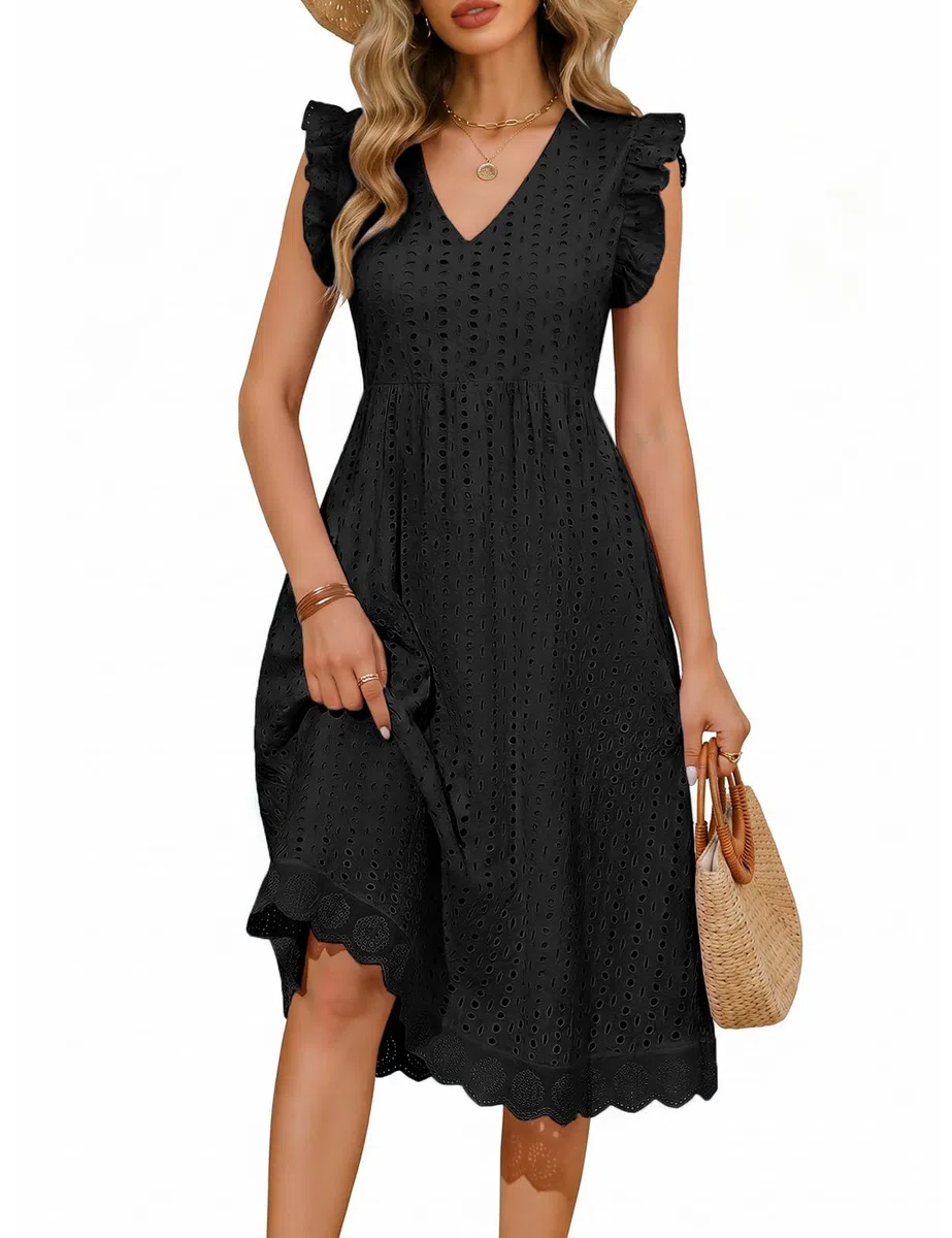 Vestito Donna Estivo Abito Lungo Scollo a V Casual Vestiti Senza Maniche a Volant Abiti Lunghi Cotton Comodo Floreale Vuoto Jacquard Vestiti da Spiaggia con Tasche