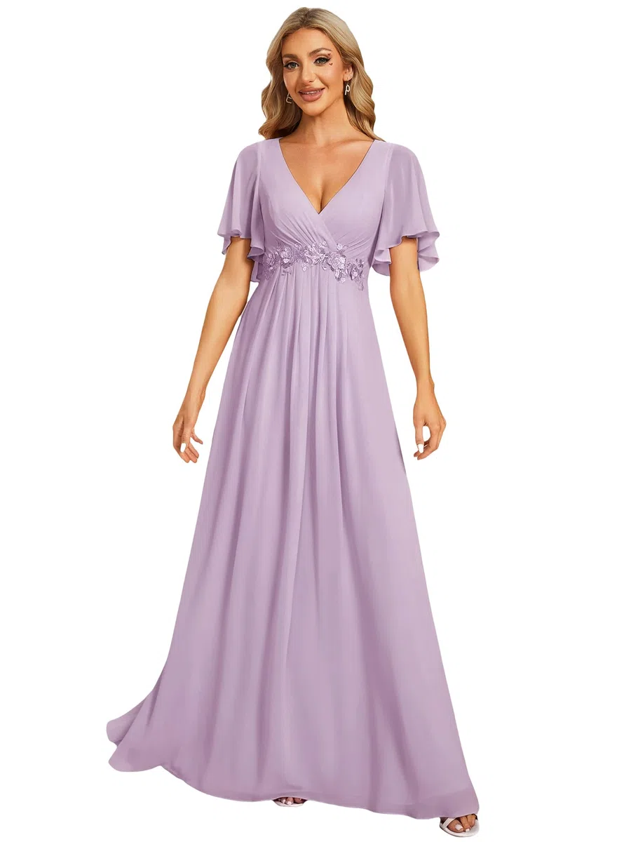 Ever-Pretty Abito T Meno di Nozze Lungo Appliqu Scollo a V Manica Corta Chic EE01960