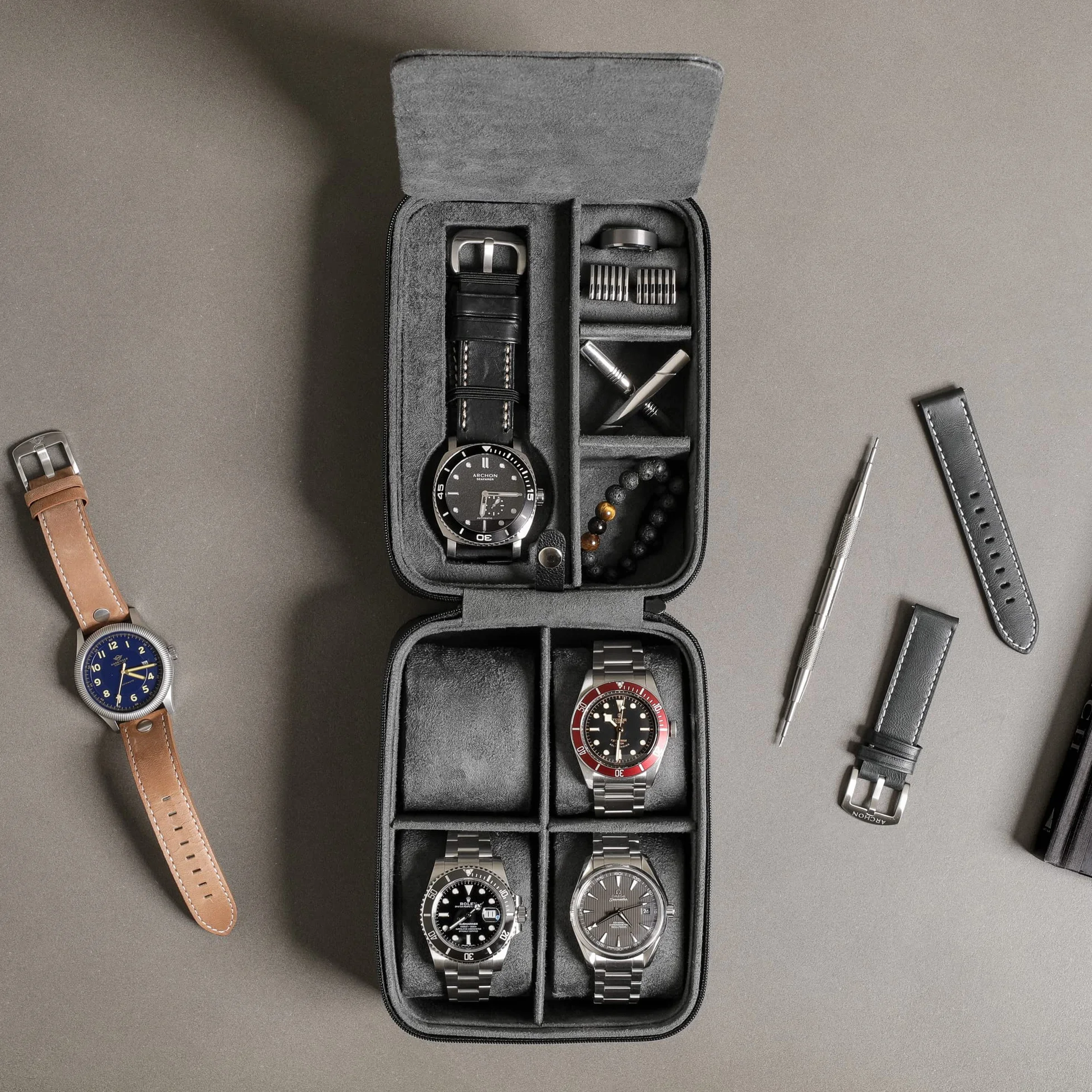 ROTHWELL Custodia da viaggio per 5 orologi, custodia per 5 orologi, resistente custodia portatile con cerniera, adatta a tutti gli orologi da polso e orologi intelligenti fino a 50 mm, custodia per