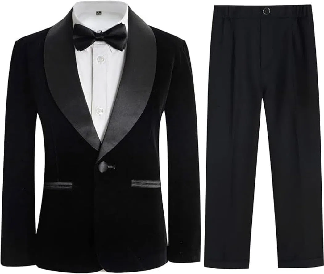 Completo da smoking per ragazzi, 3 pezzi, giacca in pile per bambini, formale, slim fit, in velluto, set per matrimoni, balli di fine anno