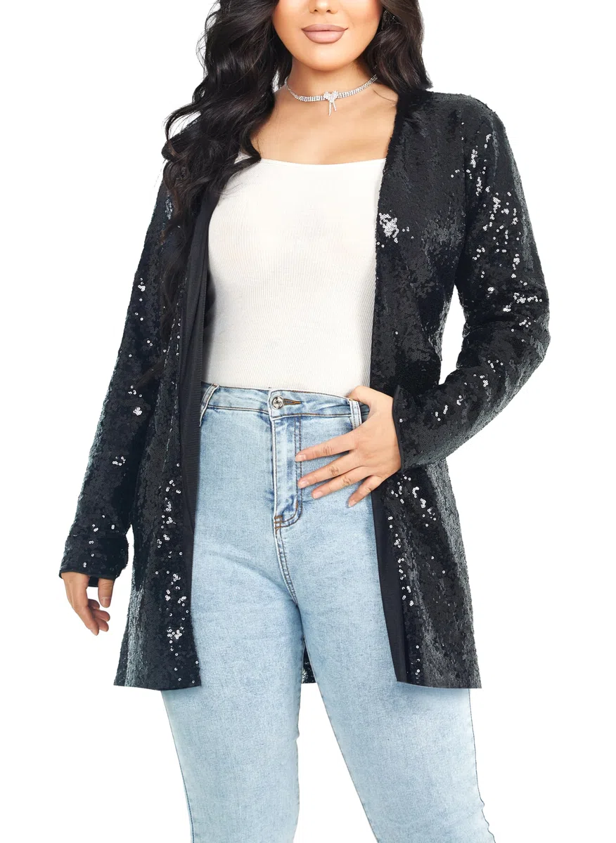 Ladies Glitter Giacca Glitter Blazer Elegante Frontale Aperto Maniche Lunge Glitter Cardigan Festiva Giacca a Maglia Party Club