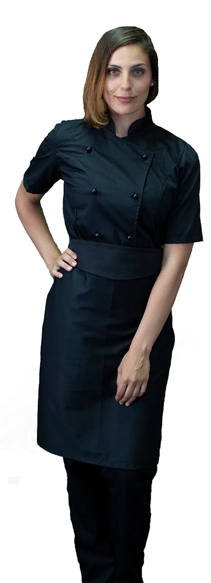 Ricamo Gratuito - Completo Cuoco da Cucina Nero Divisa Chef Donna Manica Corta Pantalone, Giacca e Grembiule Made in Italy