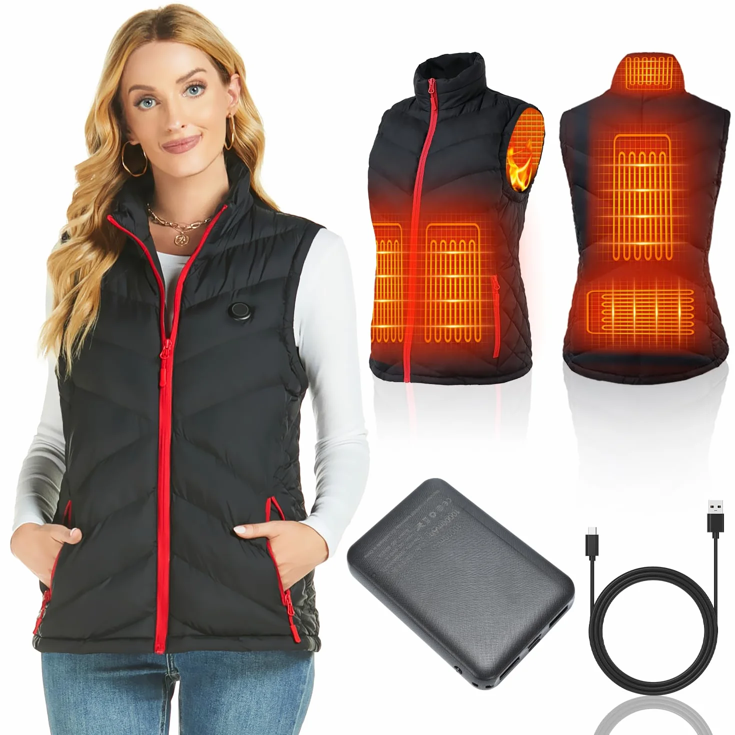 Gilet Riscaldato da Donna con Batteria 10000mAh, Gilet Elettrico Invernale Leggero Slim Fit Ricaricabile USB con Tasche – Ideale per Outdoor, Escursionismo, Sci, Regalo Invernale