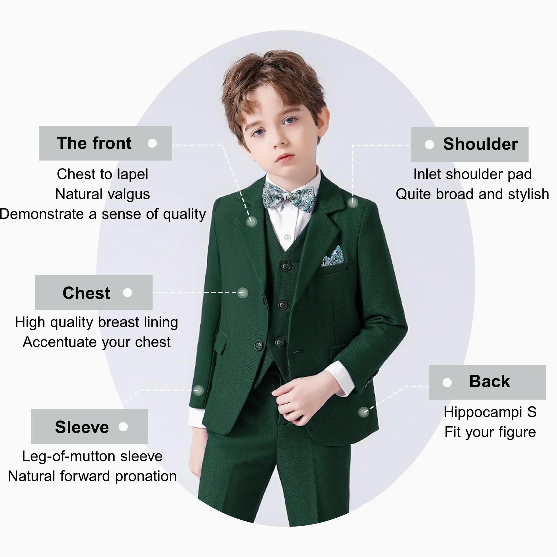 Bambini Ragazzi 5 Pezzi Abbigliamento Set Slim Fit Smoking Blazer + Gilet + Camicia + Papillon + Pantaloni Set Completi Ragazzo per Matrimonio