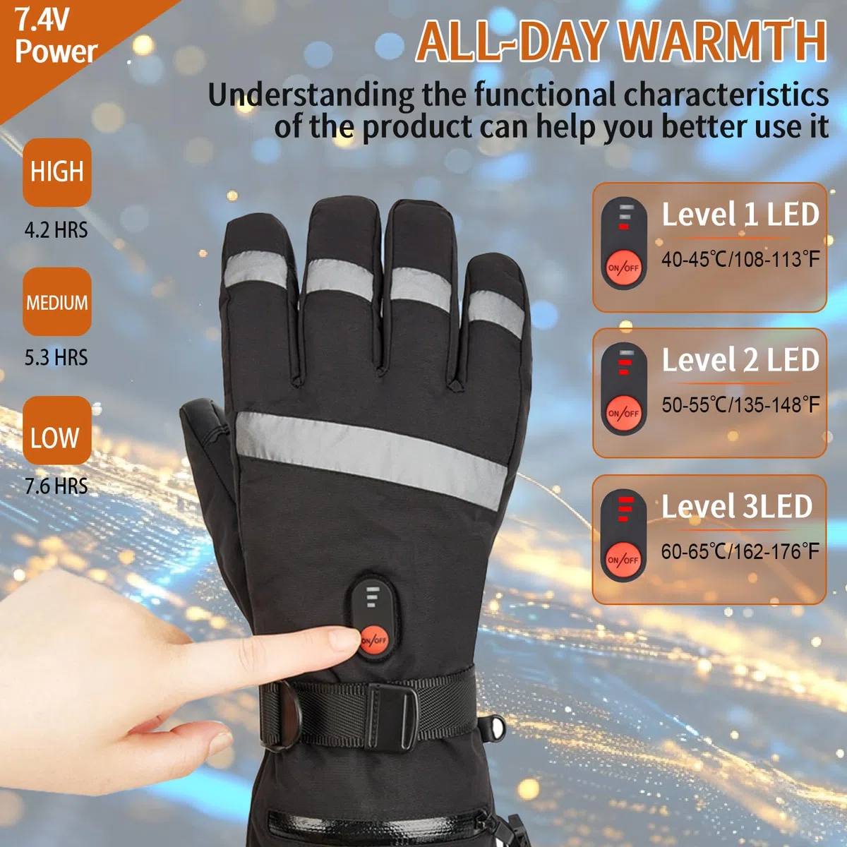 Guanti riscaldati, 7,4 V, 6000 mAh, ricaricabili, touch screen, 3 livelli di temperatura, guanti riscaldanti elettrici per sport invernali all'aperto, pesca, sci, escursionismo, ciclismo