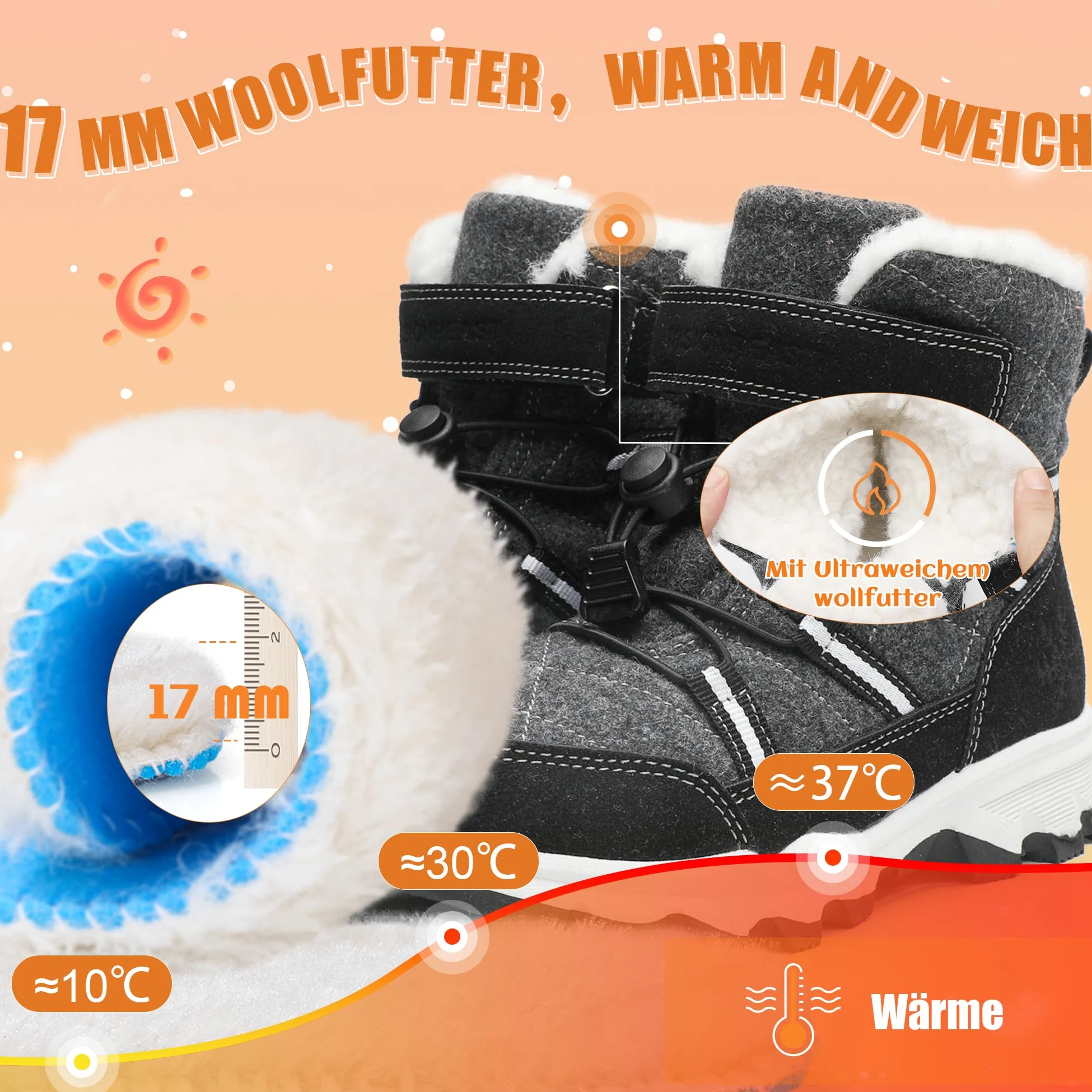 Stivali da Neve Bambini Scarpe Invernali di Lana Calde Antiscivolo Traspirante Escursionismo Scarponi da Ragazzi