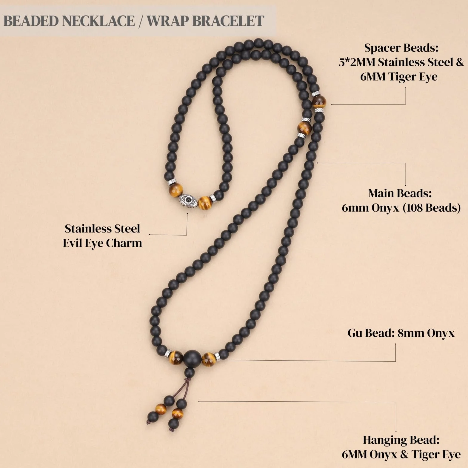 COAI Collana Mala 108 Grani, Bracciale Mala Multistrato 108 Perle in Pietre Naturali, Rosario Buddista Uomo Donna