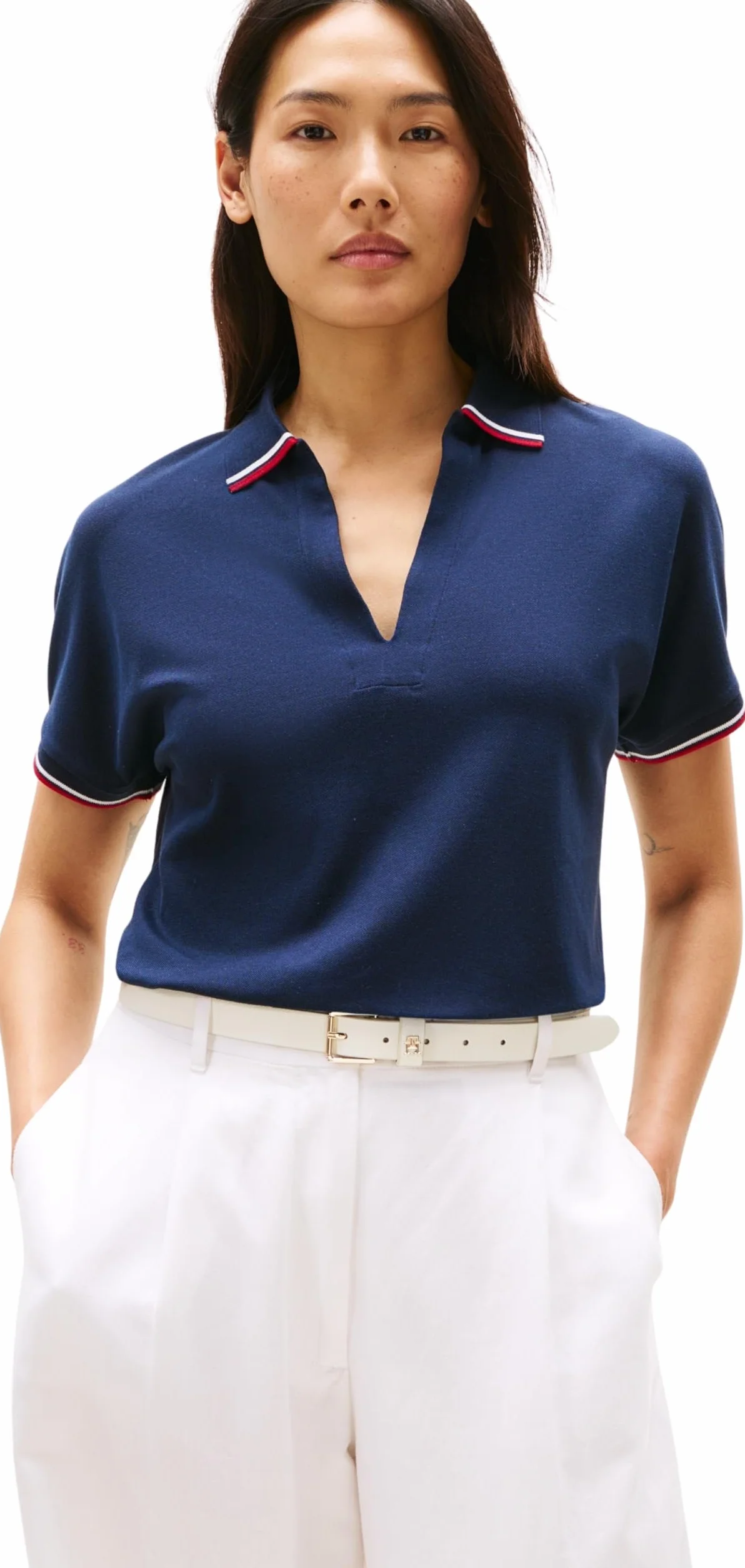 Tommy Hilfiger Donna Maglietta Polo Maniche Corte Lyocell Tipping Open Senza Bottoni