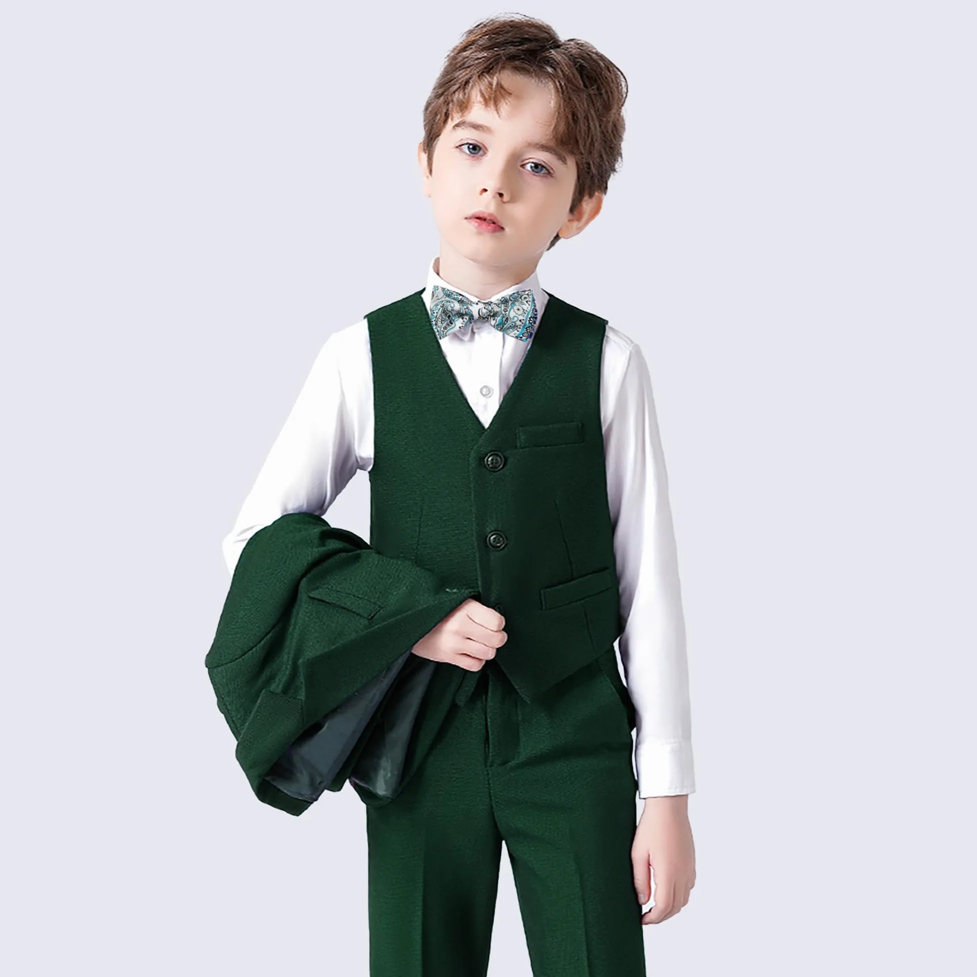 Bambini Ragazzi 5 Pezzi Abbigliamento Set Slim Fit Smoking Blazer + Gilet + Camicia + Papillon + Pantaloni Set Completi Ragazzo per Matrimonio