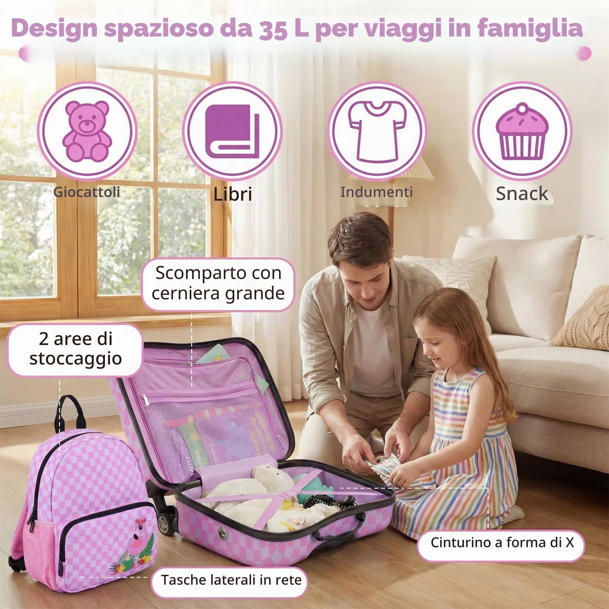 SOARS Set di Valigia Cavalcabile 18’’ + Zaino 12’’ per Bambini 2 Pezzi, Bagagli 2-in-1 di con Maniglia Telescopica e 4 Ruote, Trolley Bagaglio a Mano e Zaino per Bambini (Rosa Fenicottero)