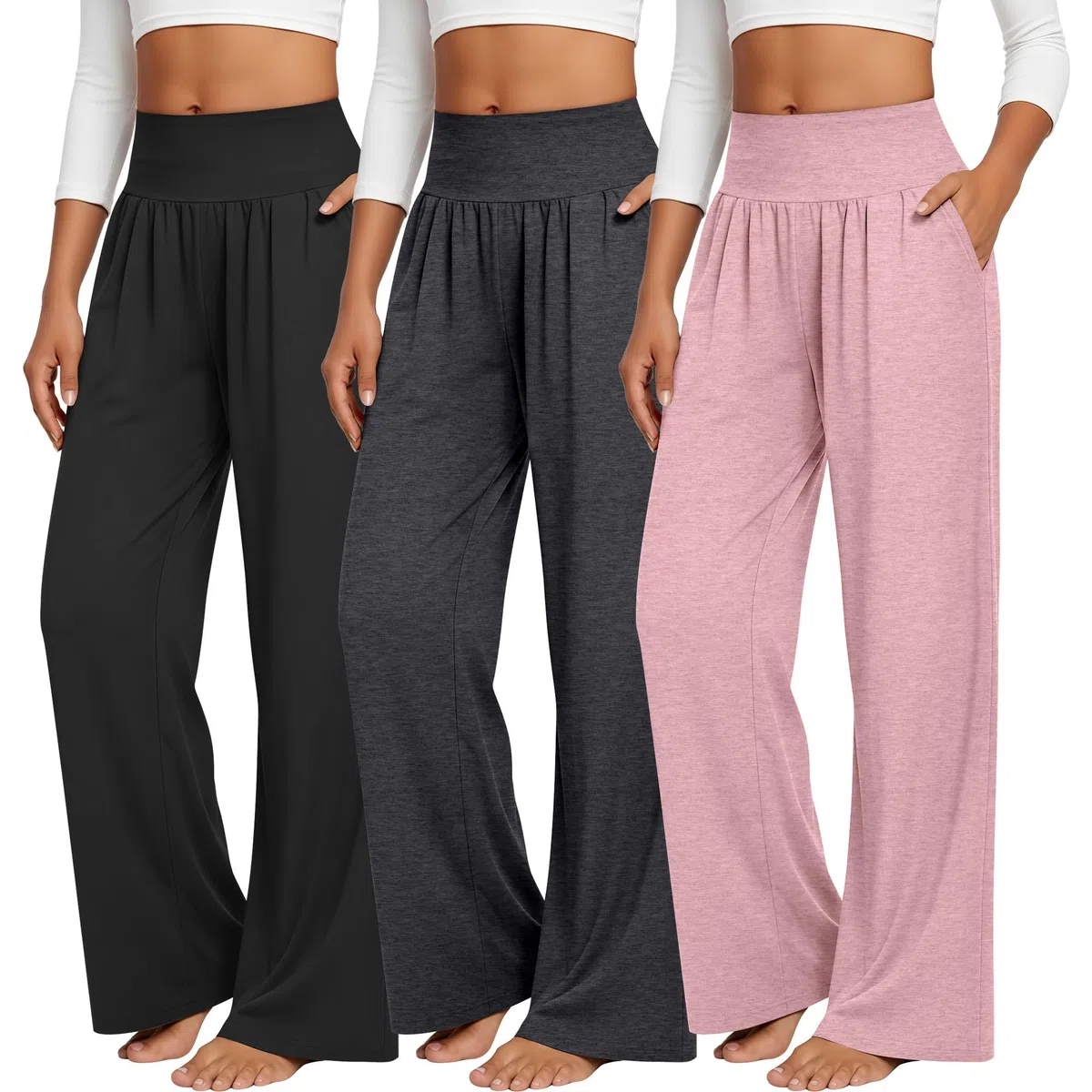 Neer Confezione da 3 Pantaloni da Yoga da Donna a Gamba Larga Pantaloni da Casa con Tasche Pantaloni da Jogging Larghi