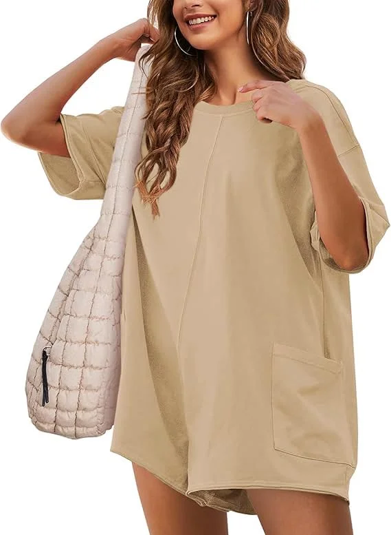 Jumpsuit Donna Elegante Manica Corta Allentata Tutina Reversibile Tuta Intera Casual Salopette Estiva Corta Spiaggia con Tasche