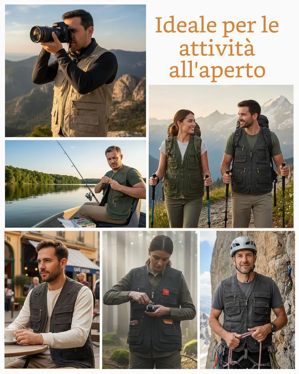 Gilet da Pesca Uomo Gilet da Viaggio Sport Multitasca Giubbino da Lavoro Smanicato Reporter Caccia Gilet da Fotografi Giacche Safari