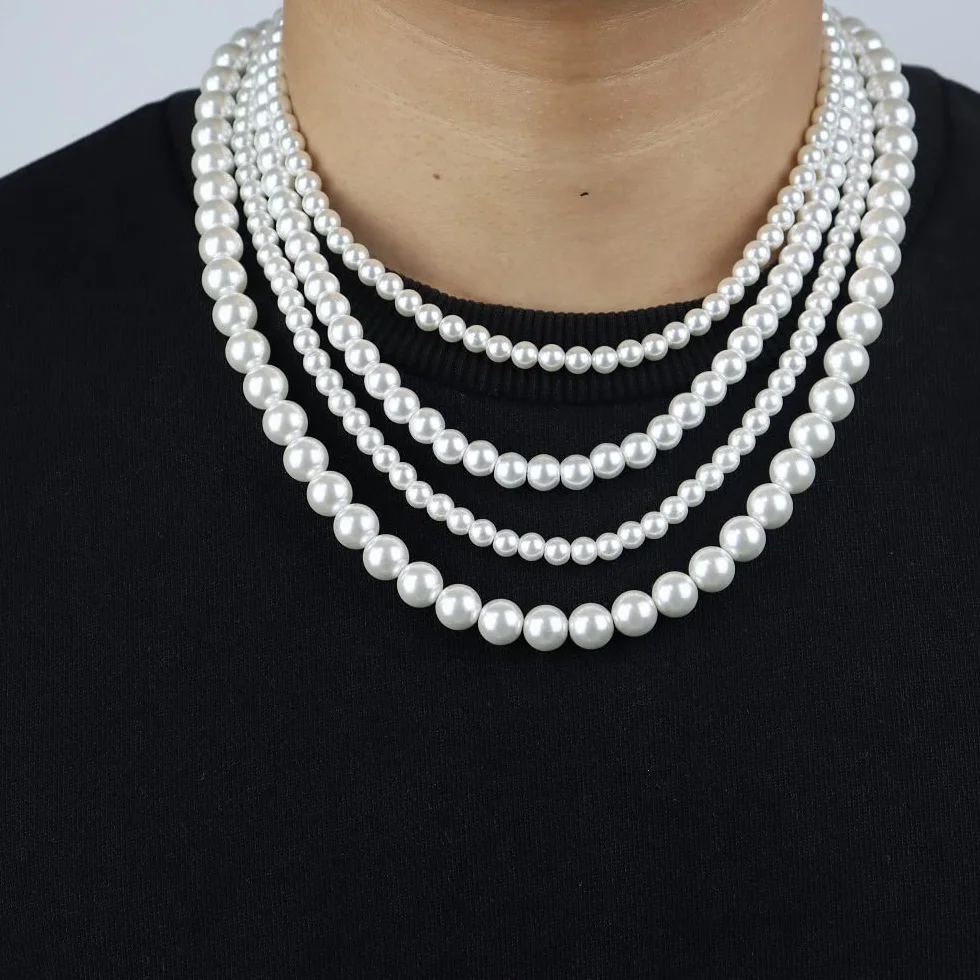 Candyfancy Collana di perle da uomo con perle bianche e rotonde, 40/45/50/55/60 cm, collana lunga con perle bianche per uomini, donne e ragazze, regali di perle 6/8/10 mm