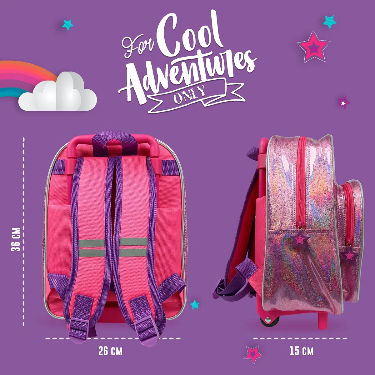 PERLETTI Mini Trolley Bambino Bambina con Tascone - Zainetto Scuola Asilo Bimbo Bimba con Ruote e Spallacci - Borsa Bagaglio da Viaggio Olografica Catarifrangente - 36x26x15 cm