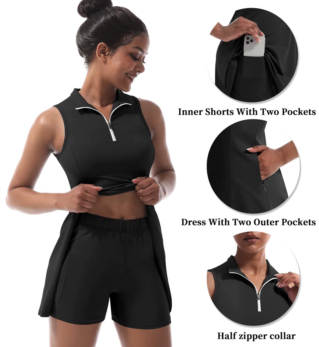 Abito da tennis da donna, abito da tennis e golf, con pantaloncini integrati e tasche, per allenamento senza maniche