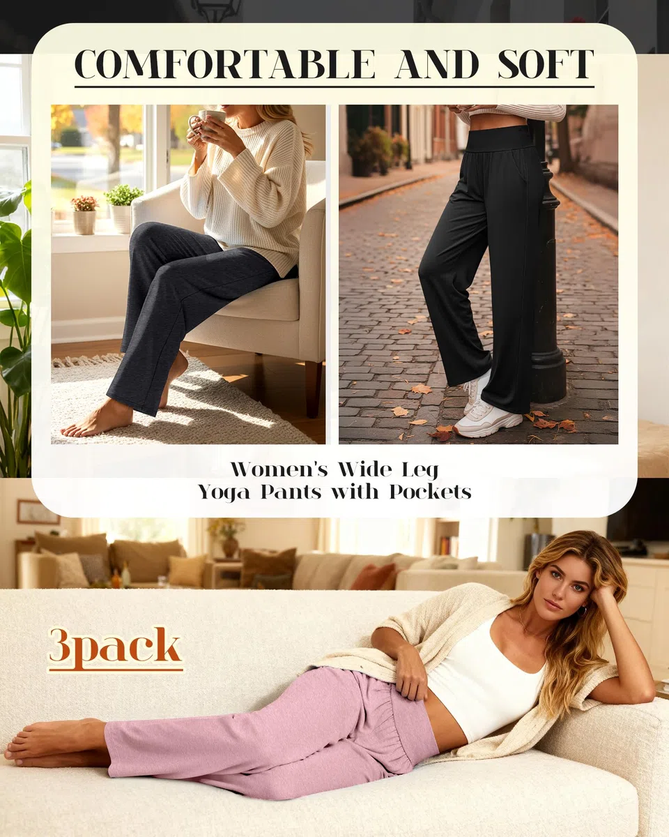 Neer Confezione da 3 Pantaloni da Yoga da Donna a Gamba Larga Pantaloni da Casa con Tasche Pantaloni da Jogging Larghi
